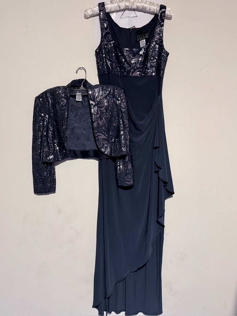 Alex Evenings Navy Sequin Bodice Maxi Dress with Jacket